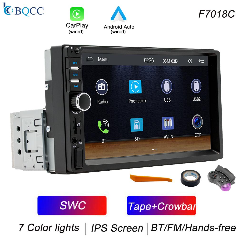 BQCC 1Din 7 inch IPS touch screen car player with wired carplay Android Auto 7 color light mirrorlink TF FM USB mulitmedia radio