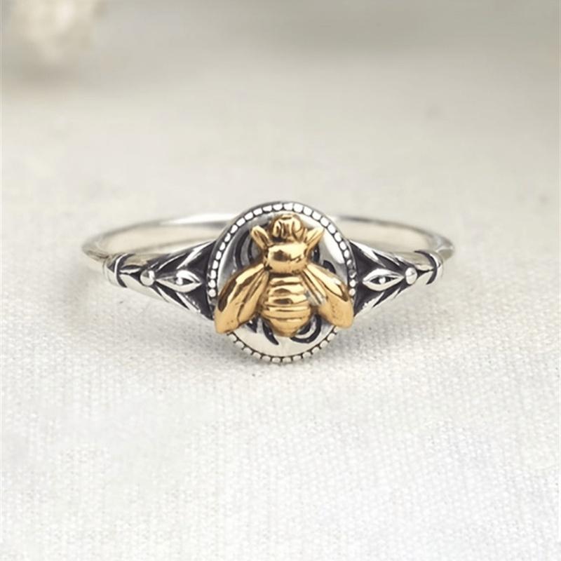 1 Piece Vintage Insect Bee Boho Style Metallic Gold Color Antique Silver Color Aged Ring Two Tone Ring Size 6-10