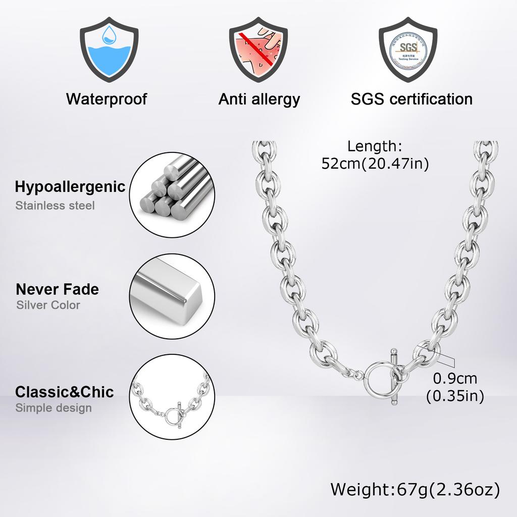 Heavy Stainless Steel Chain Necklaces for Men Boys,Rolo Chain O Chain Collars with OT Button,Trendy Jewelry Gifts