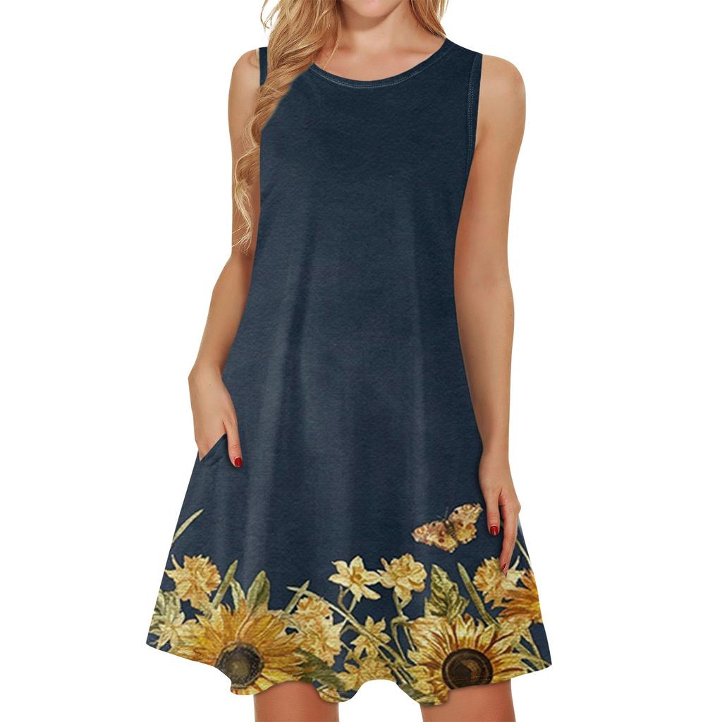 Summer Ladies Casual Print Round Neck  Sleeveless Beach Swing Dress