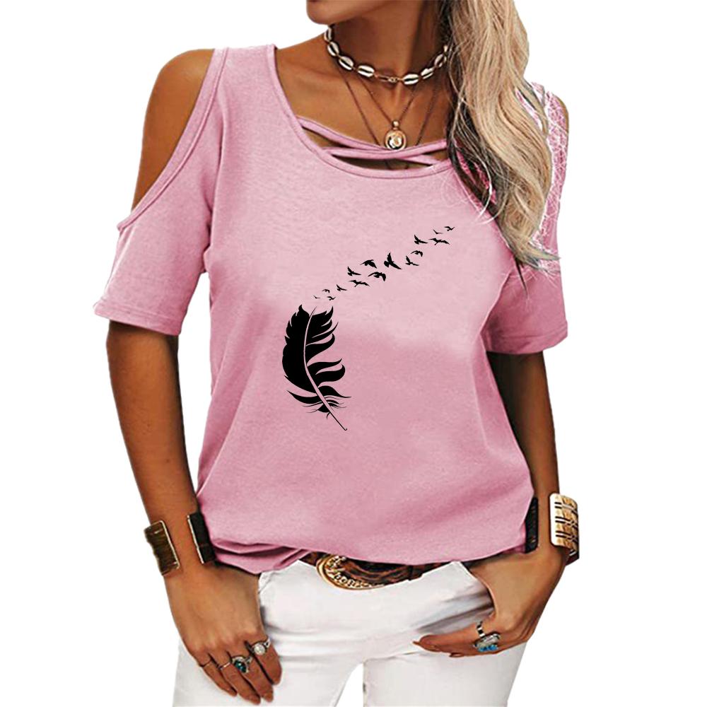 Women Fashion Round Neck Tee Shirt Summer Off Shoulder Top Casual Print Short Sleeve T-shirt
