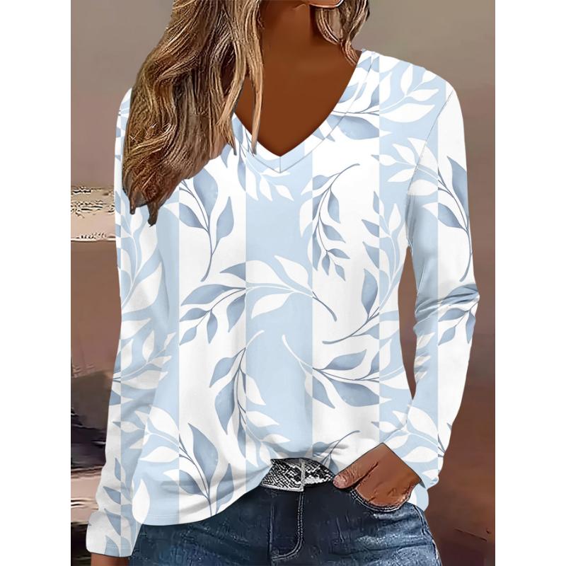 Women's Elegant V-Neck Marble Print Long Sleeve T-Shirt Soft Polyester Great for Autumn and Winter Casual Wear Floral Print Tops