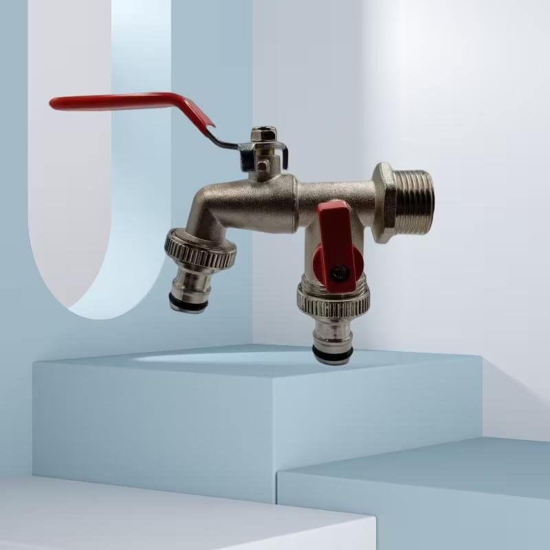 3/4 Inch Zinc Alloy Garden Water Pipe with Red Handle-double Outlet, Including Sealing Ring and Raw Material Belt
