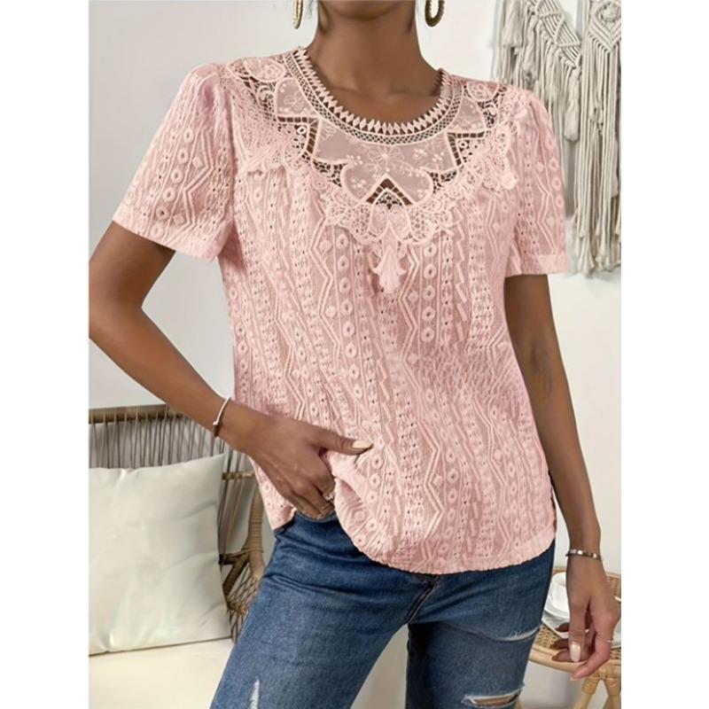 Nuova Blusa Estiva con Inserti in Pizzo da Donna Camicie Scollo Tondo Traforate Top alla Moda Manica Corta Colore Unito Dolce Abbigliamento Largo Elegante