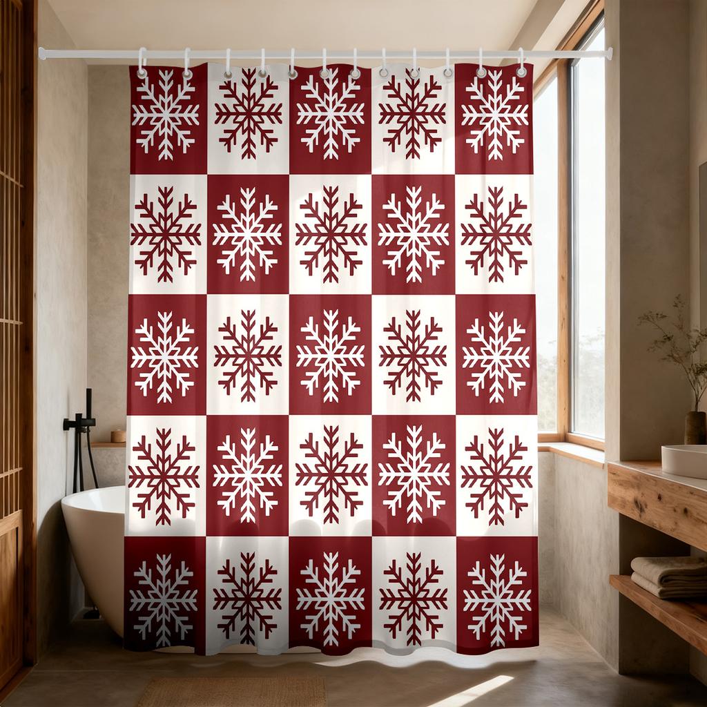1pc Christmas Red Snowflake Print Waterproof Shower Partition Privacy Hanging Curtain 12 Hooks Multi Size Decoration