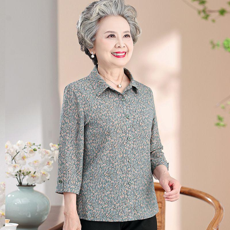 Grandma Spring Shirt Three-quarter Sleeves Blouse for Elderly Women Summer Casual Top