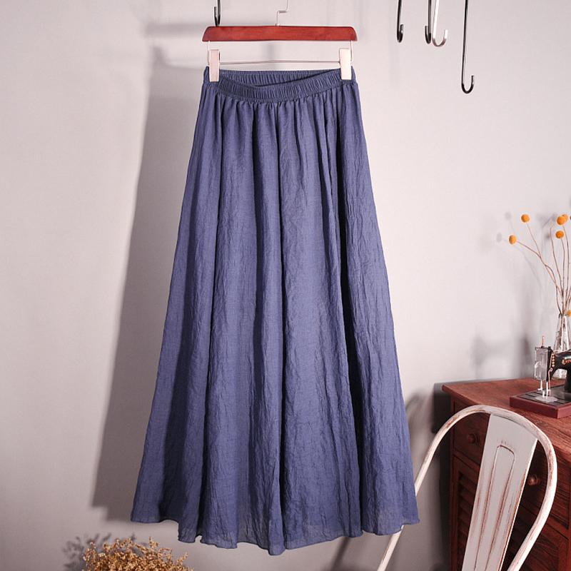 Vintage Solid Pleated Long Skirts Cotton Linen Maxi Skirt for Women Summer Elastic Waist  Girls Boho Beach Skirt A-Line Skirt