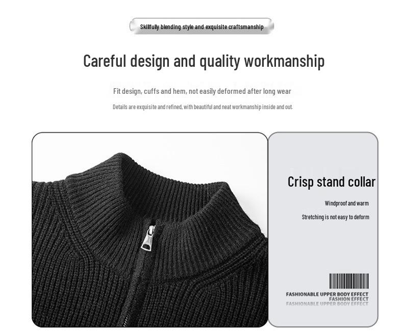 Men's Stand Collar Knitted Cardigan Sweater - Winter Trend, Loose Fit, Solid Color, Zipper Closure