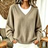 2026 Fall Womens Knit Sweater Casual V-Neck Fake Two-Piece Loose Drop Shoulder Long Sleeve