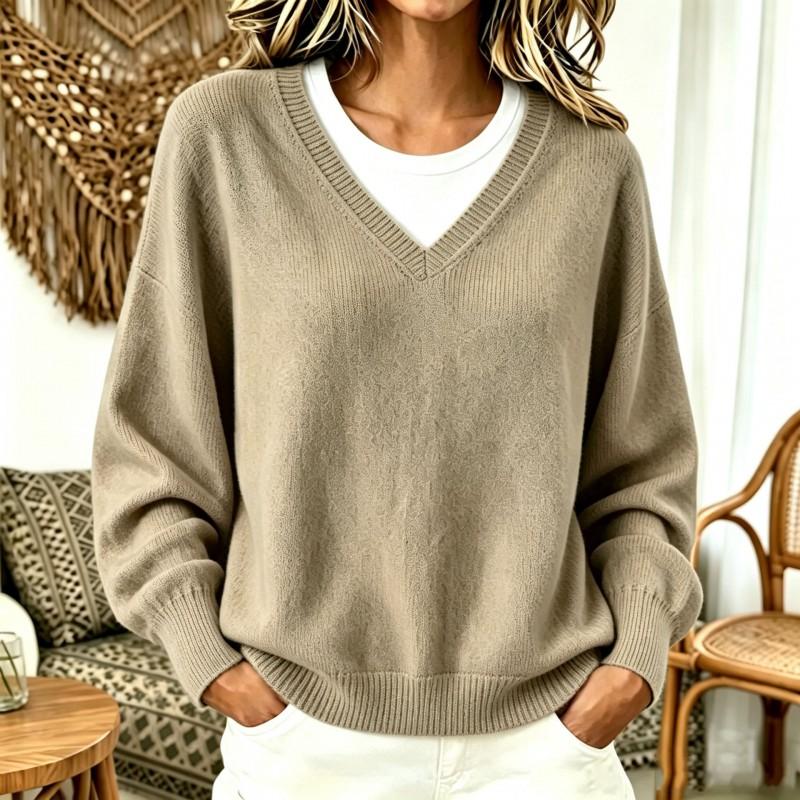 2026 Fall Womens Knit Sweater Casual V-Neck Fake Two-Piece Loose Drop Shoulder Long Sleeve