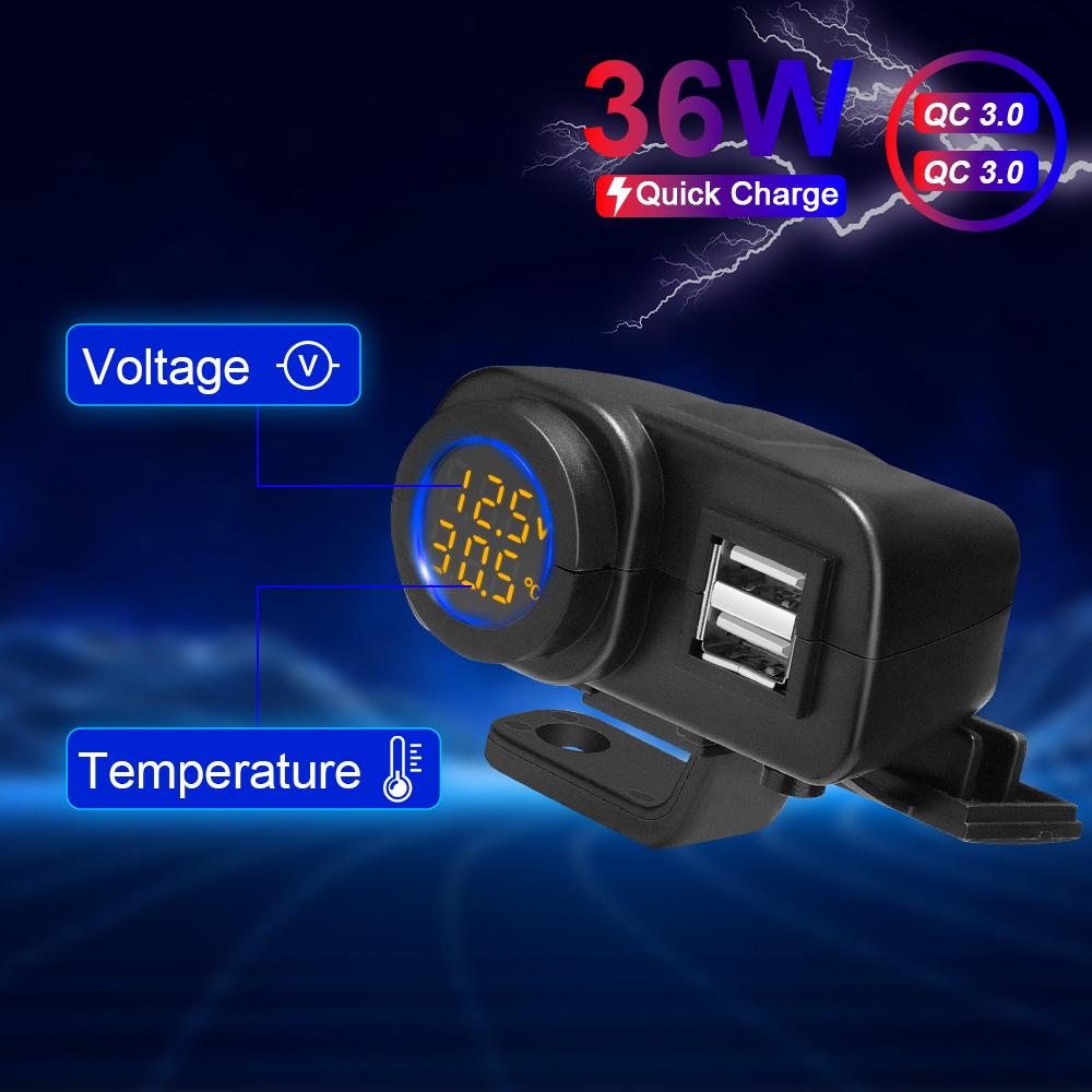 36W Dual QC3.0 USB Charger Voltmeter Thermometer Digital Display Mobile Phone Charger Socket Car Cigarette Lighter