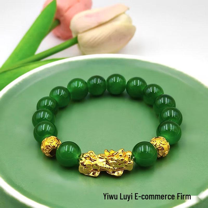 Green Agate Pixiu Wealth Attraction Bracelet - Round Beads Sand Gold Design, Best-Selling Jewelry with Single Circle.