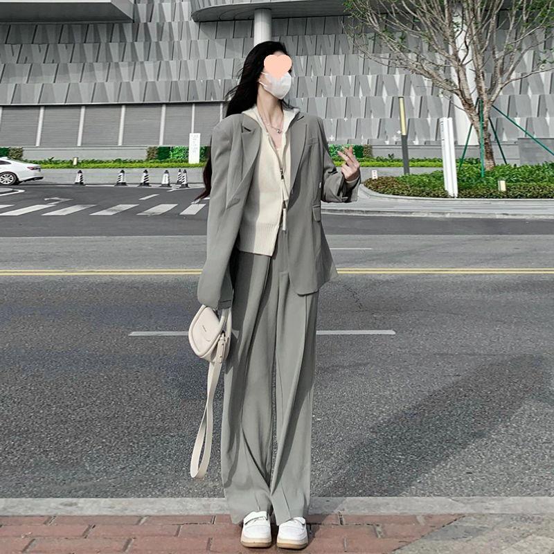 Petite Women's Gray Blazer Jacket Two-Piece Set - 2025 Spring & Autumn Loose Casual Suit