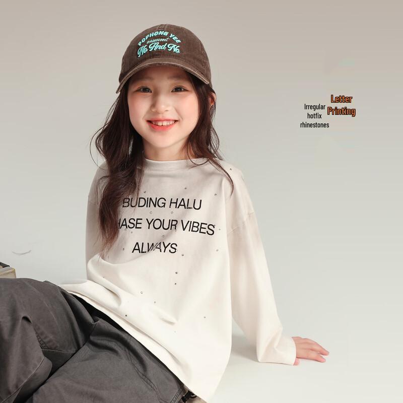Girls' 100% Cotton Long-Sleeve Letter T-Shirt