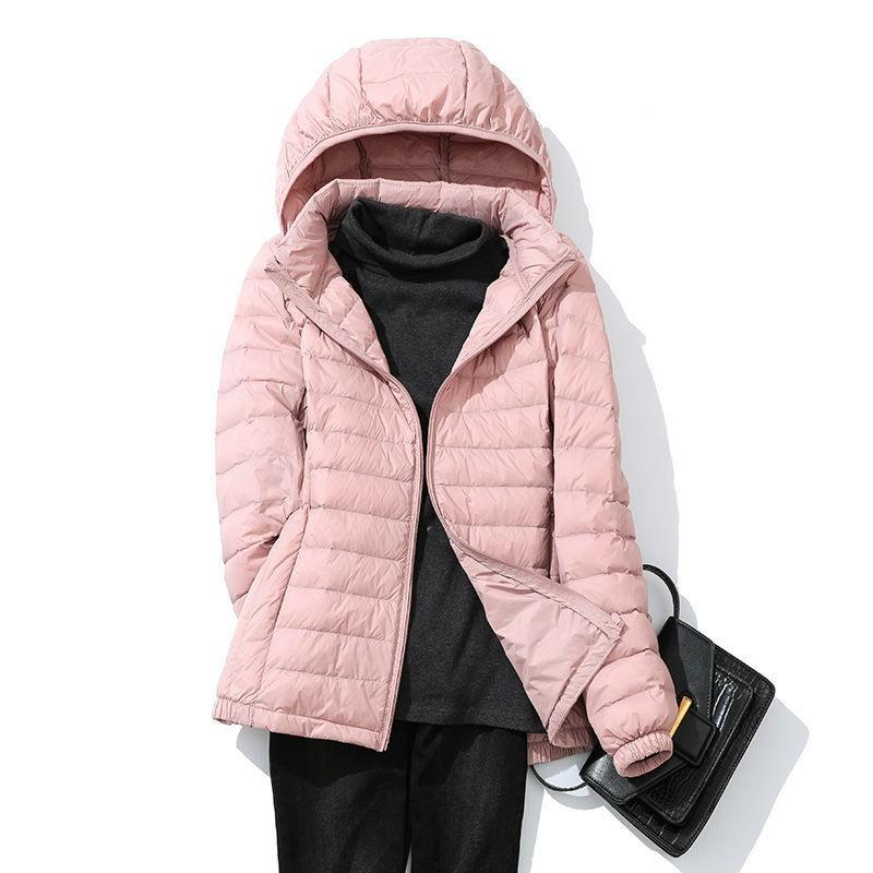 Women Autumn Winter Thin Portable Storage Outwear 90% White Duck Down Jacket with Removable Hood