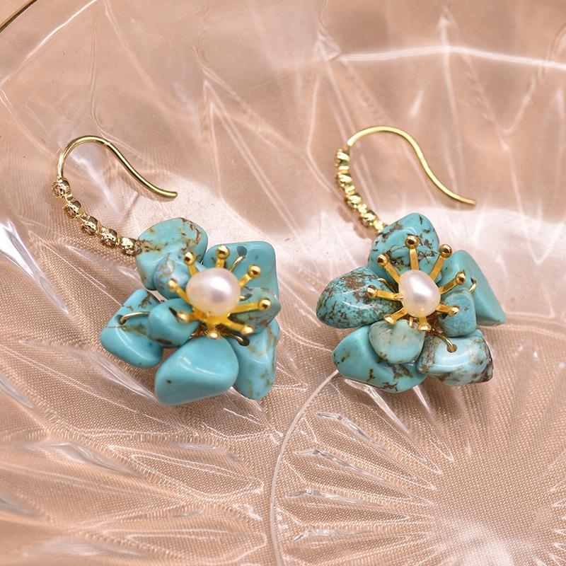 Pearl Earrings Flower Turquoise Women's Fashion Personality Flower Temperament Earrings