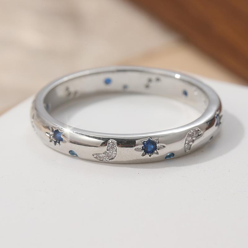 Elegant CopperColor Star Moon Inlaid White Blue CZ Women's Ring Daily Wear Party Jewelry