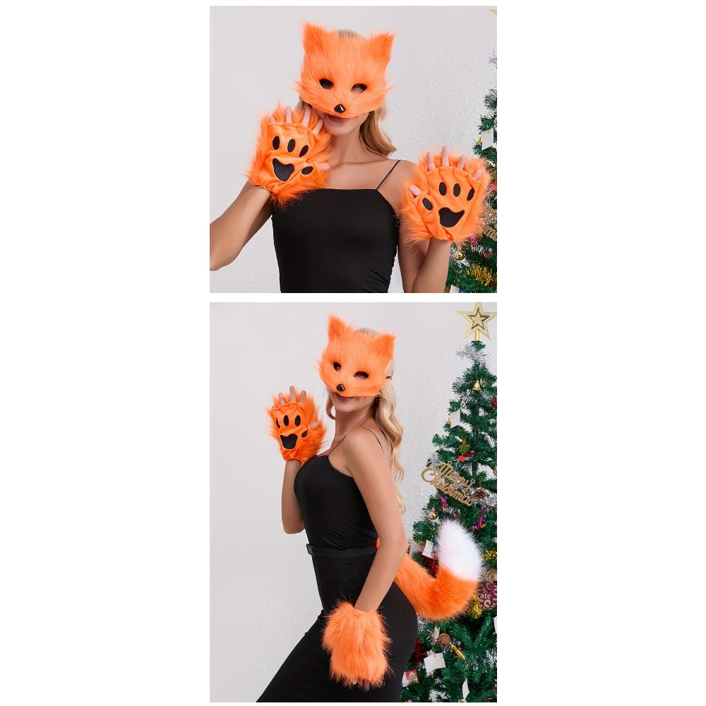 3-częściowy strój lisa na Halloween - pluszowy ogon, maska i rękawiczki | urocze akcesoria RPG o tematyce zwierzęcej na imprezy i COSPLAY na żywo
