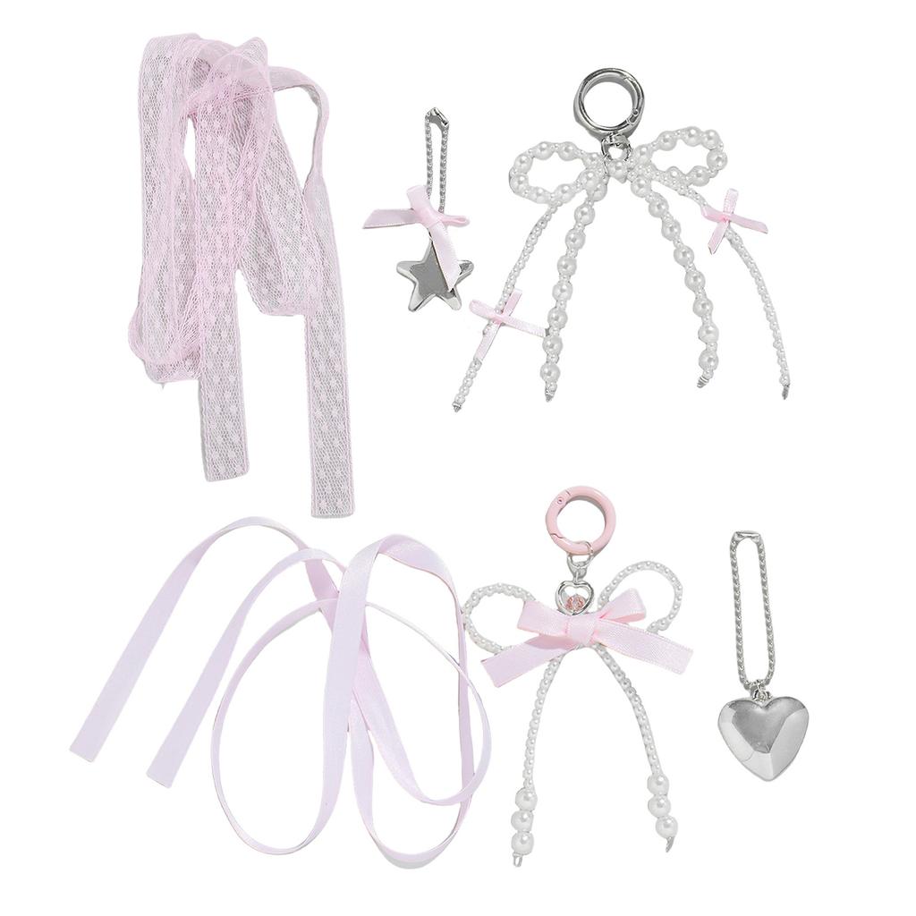 3Pcs Bowknot Key Chains with Faux Pearls Fashionable Heart Star Keyring Handmade Decoration for Handbags and Car Keys