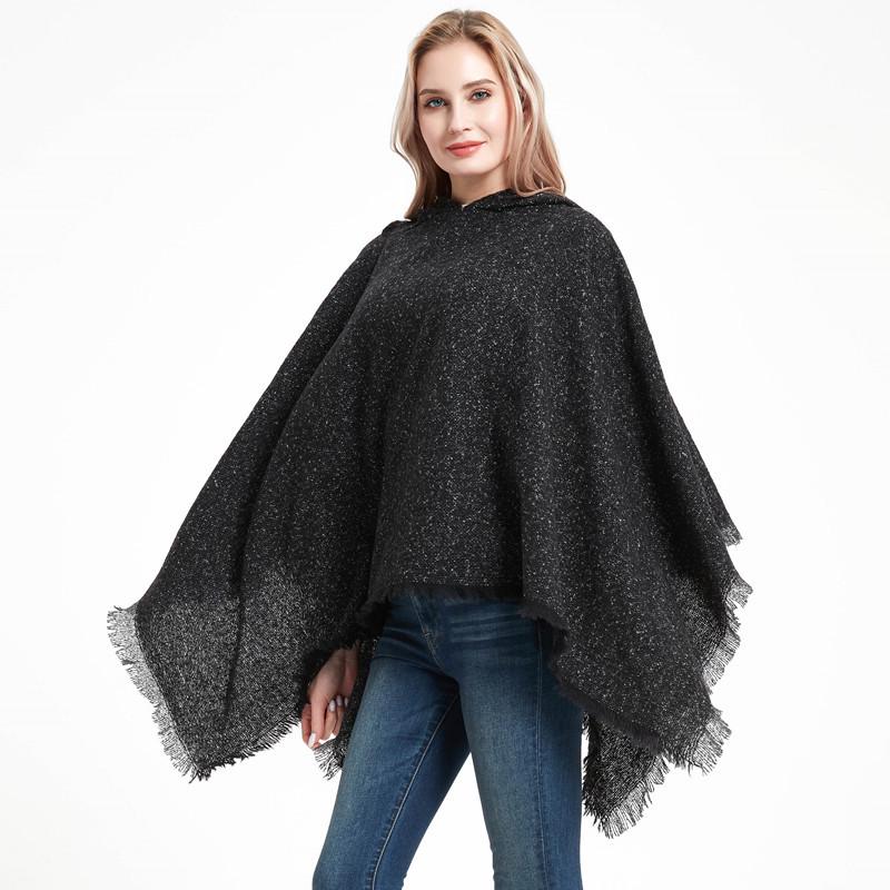 European & American Women’s Black Hooded Pullover Cape with Floral Shawl Clip, Suitable for Spring, Autumn, and Winter