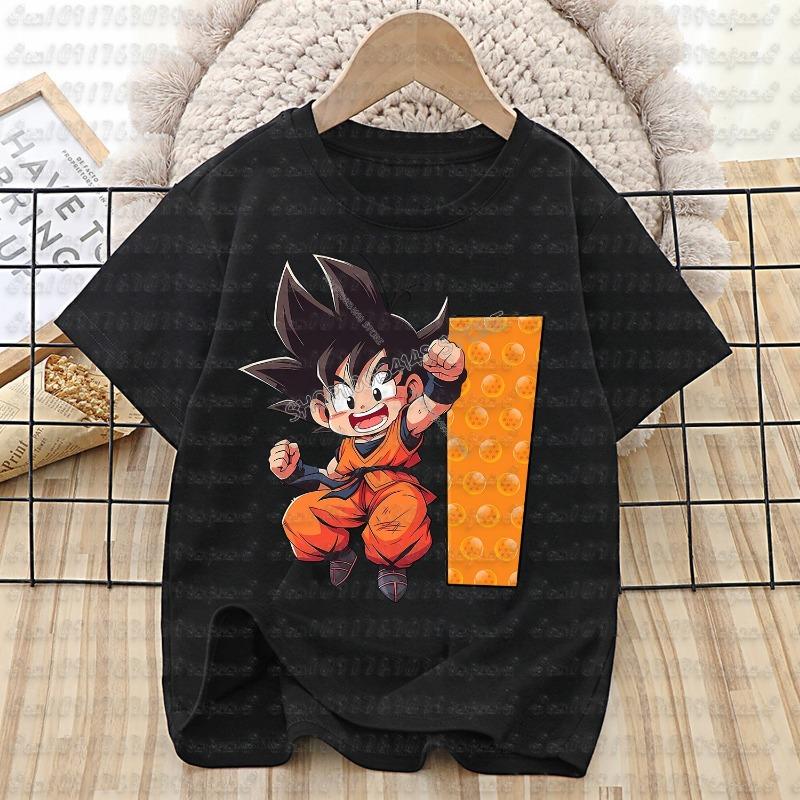 Dragon Ball Goku T-shirt Cotton Children A-Z Letter Tee Top Black Round Collar Clothing Boys Girl Summer Short Sleeve Kids