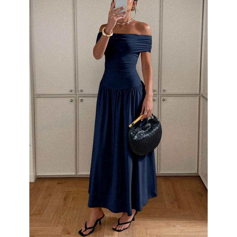 European and American Pure Desire Sexy One-word Shoulder Off the Shoulder Simple Fashion Elegant Waist Thin Dress Women