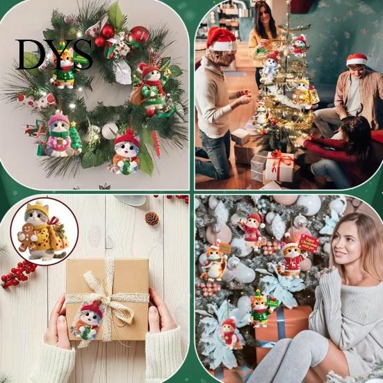 Seasonal Home Decoration Accessories Cute Kitten Christmas Tree Hanging Ornaments with Lanyards, Wooden Cat Animal Pendants, Decorative Charms
