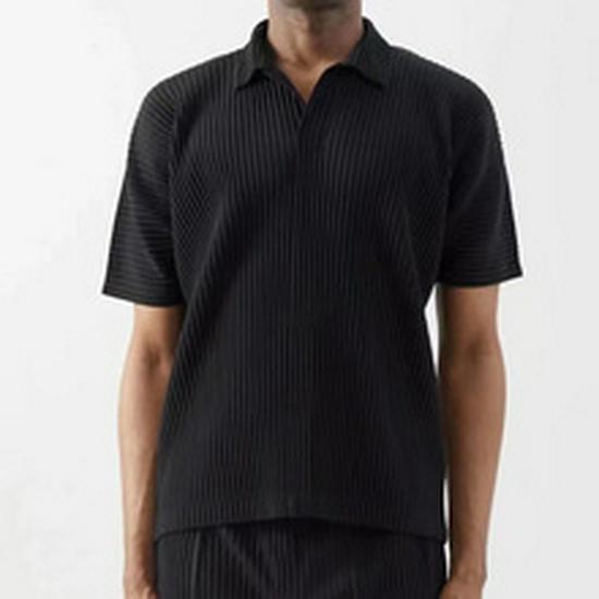 Miyake Men's Loose Fit Pleated Polo Shirt - Summer Breathable Short Sleeve with Turn-Down Collar, Solid Color (JM030)