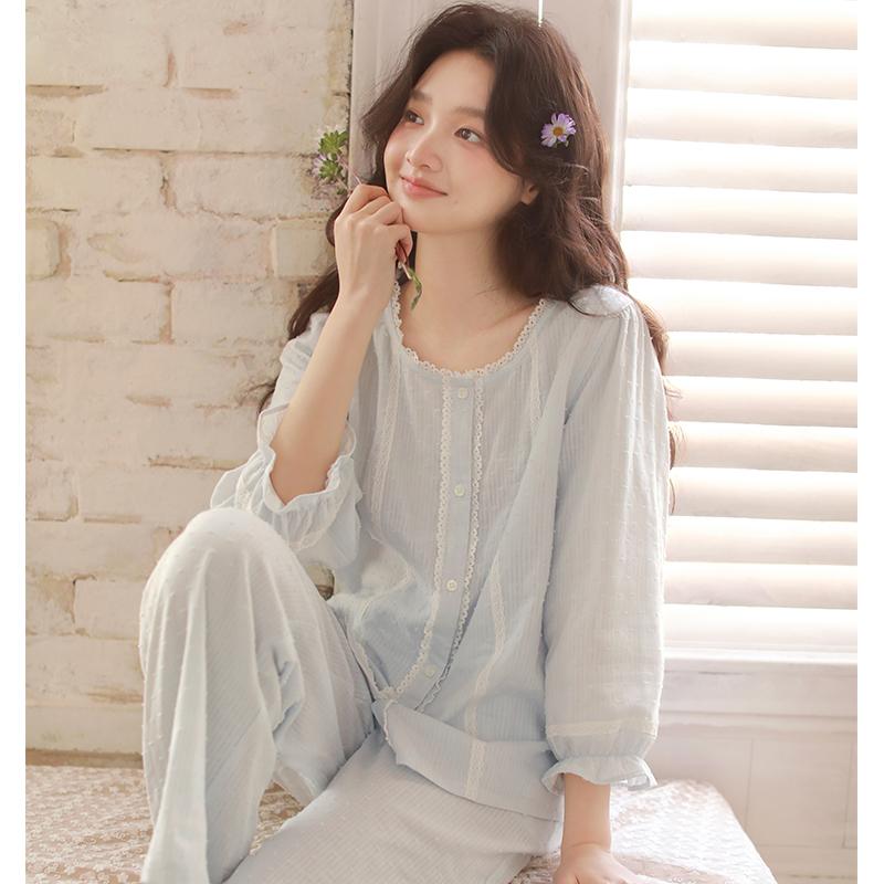 Qingmu Women's Gauze Nine Sleeve Pants Home Clothes Set