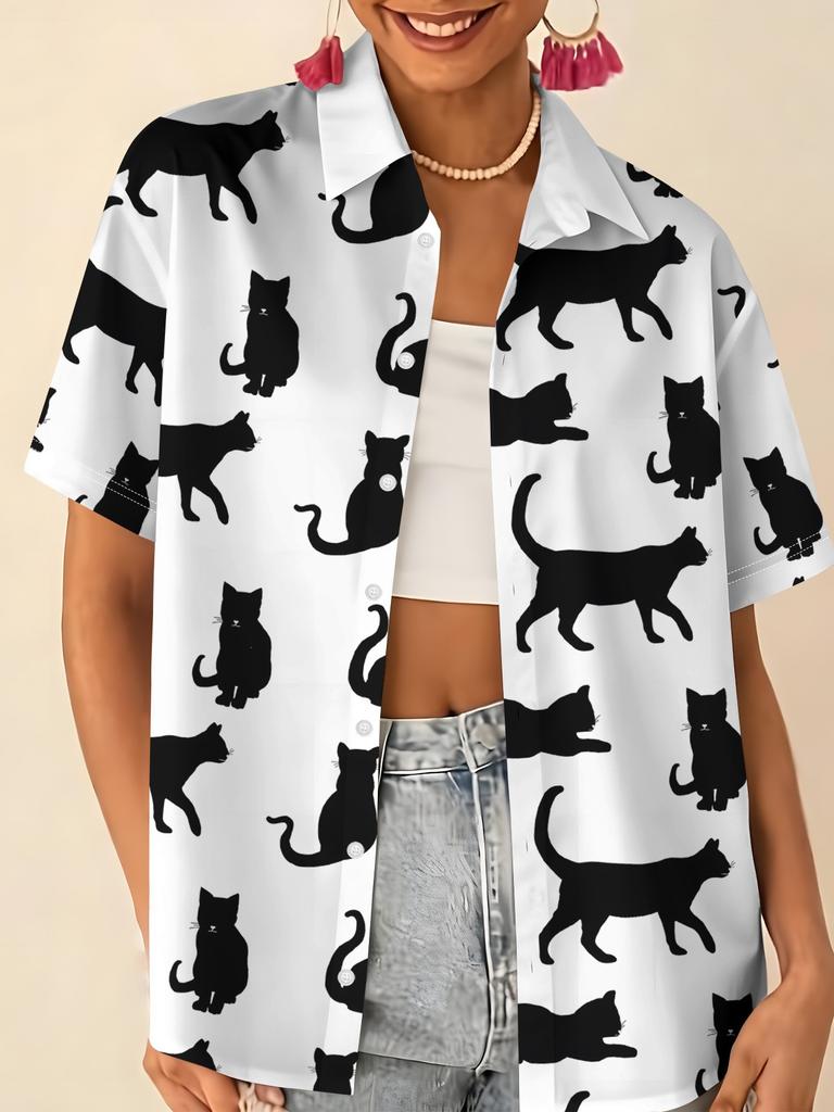 Love printed short-sleeved shirt women's summer loose casual lapel shirt retro niche top