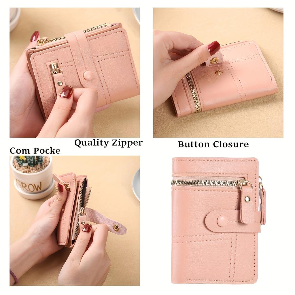 1PC Women Fashion Short Wallet with Multiple Zippers and Buttons Large Capacity for Coins and Change Foldable Mini Purse
