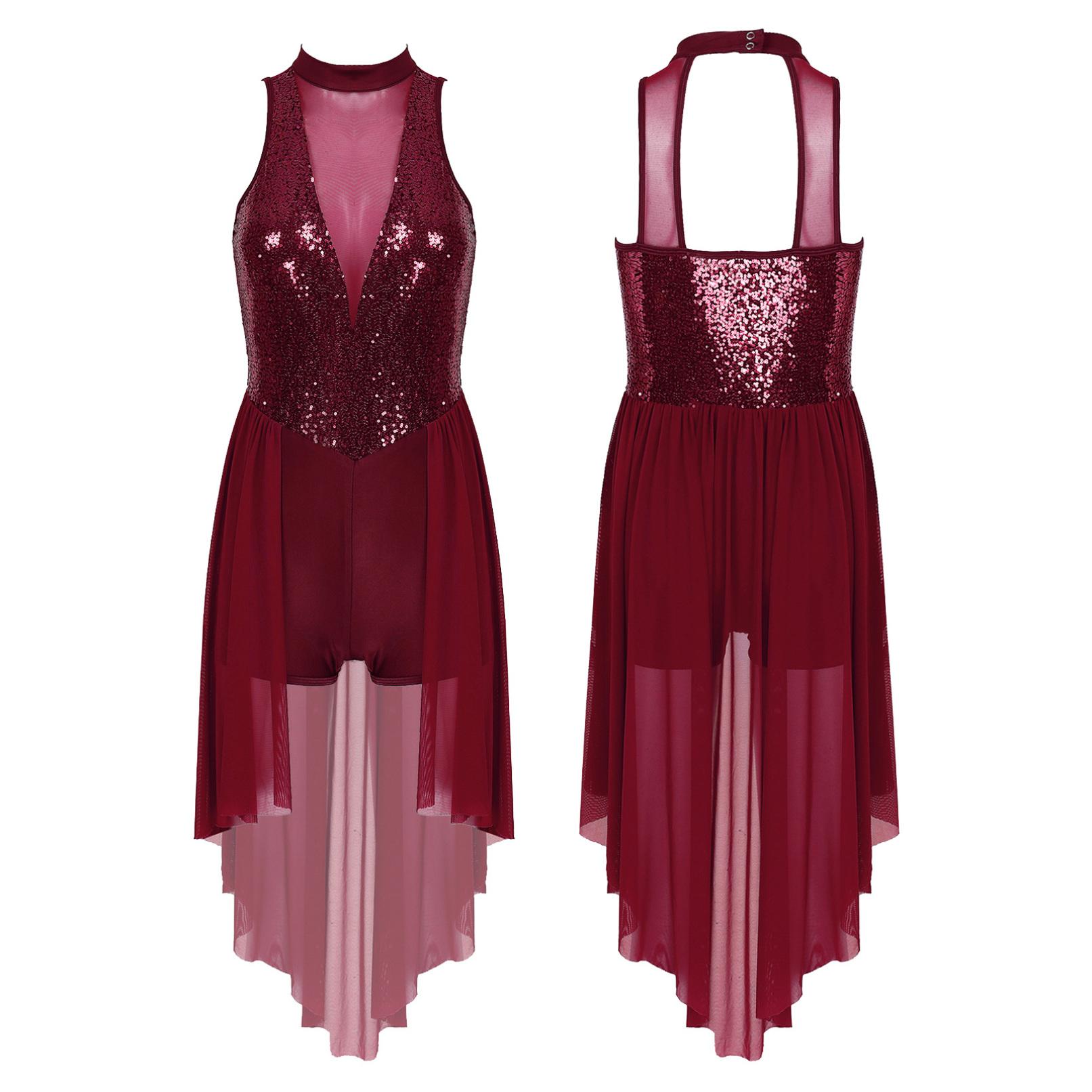 

Жіноча сукня з паєтками, ліричний танцювальний костюм без рукавів, сітчасте купальник із спідницею, гімнастичний танцювальний одяг S бордовий
