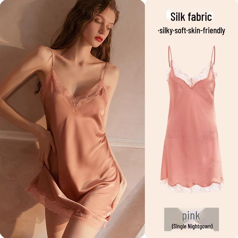 

Высококачественная летняя ночная сорочка из кружева и ледяного шелка для женщин - стиль Pure Desire с нагрудными вкладышами, доступна в больших размерах S