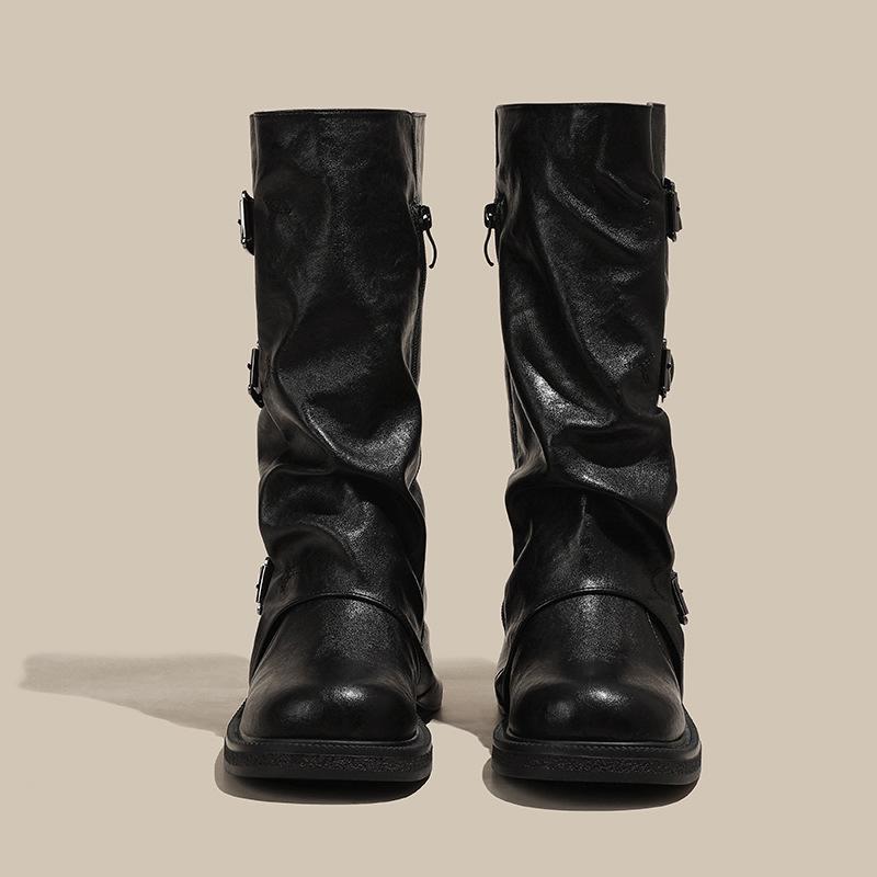 Wasteland wind belt buckle stacking boots new old retro western cowboy boots pleated medium boots