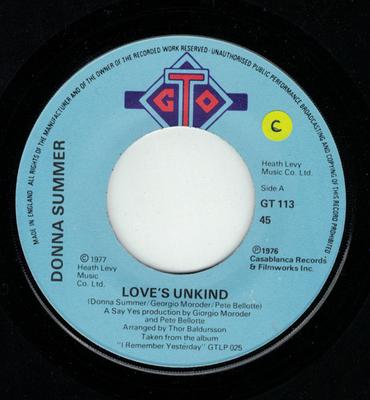 7inch Record DONNA SUMMER - Love's Unkind GT113 GTO 1977 UK Soul/Funk Used