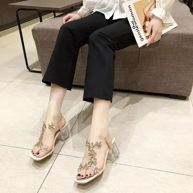 Elastic Band Women's Sandals 2025 Summer Open Toe Rhinestones Flower Transparent Chunky Heels Large Size 43 Sandals