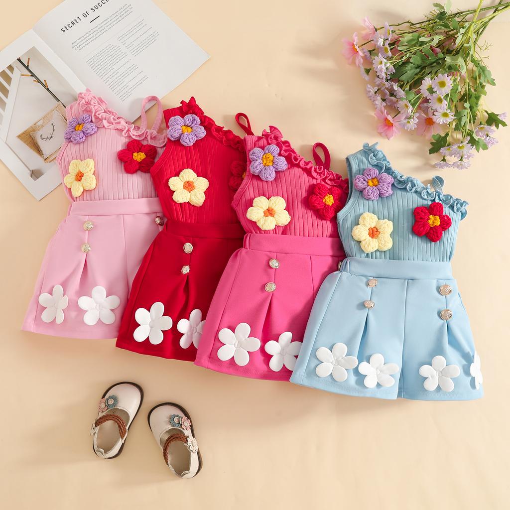 2026 Summer Cross-border Sweet 0-3 Year Old Girls Sleeveless Shoulder Strap Flower Pit Strip Top + Shorts Set