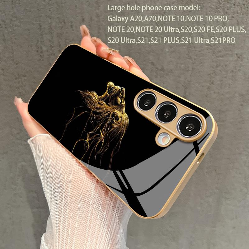 Gold Thread Lion Pattern 2D Phone Case for Samsung S26 S25 S24 S23 S22 S21 S20 A56 - Golden Metal Paint Glass Protective Cover