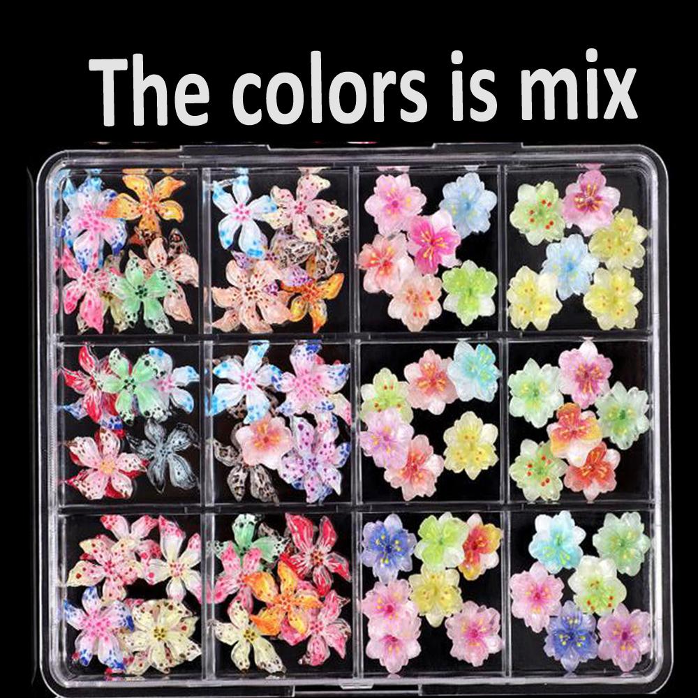 12Grids Mixed Colors 3D Carved Ice Crystal Flower Nail Charms Resin 3D Lily Flower Rhinestones for Luxury Manicure Decoration