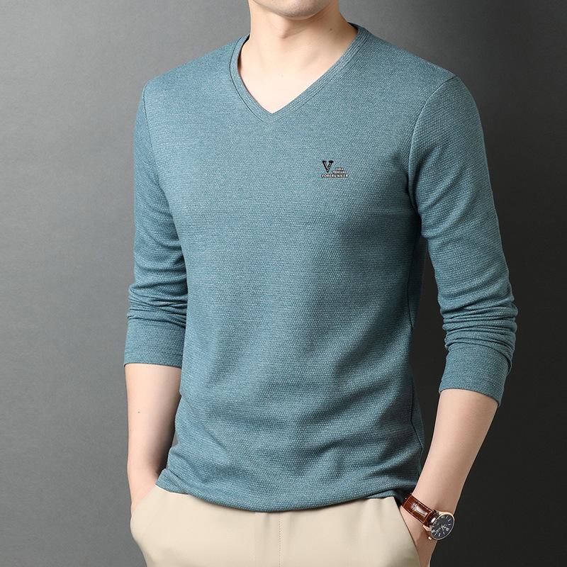 Spring New Cotton Sweetheart V-neck Long-sleeved T-shirt Men's Fashion Korean Style Casual Loose Men's Bottoming Shirt