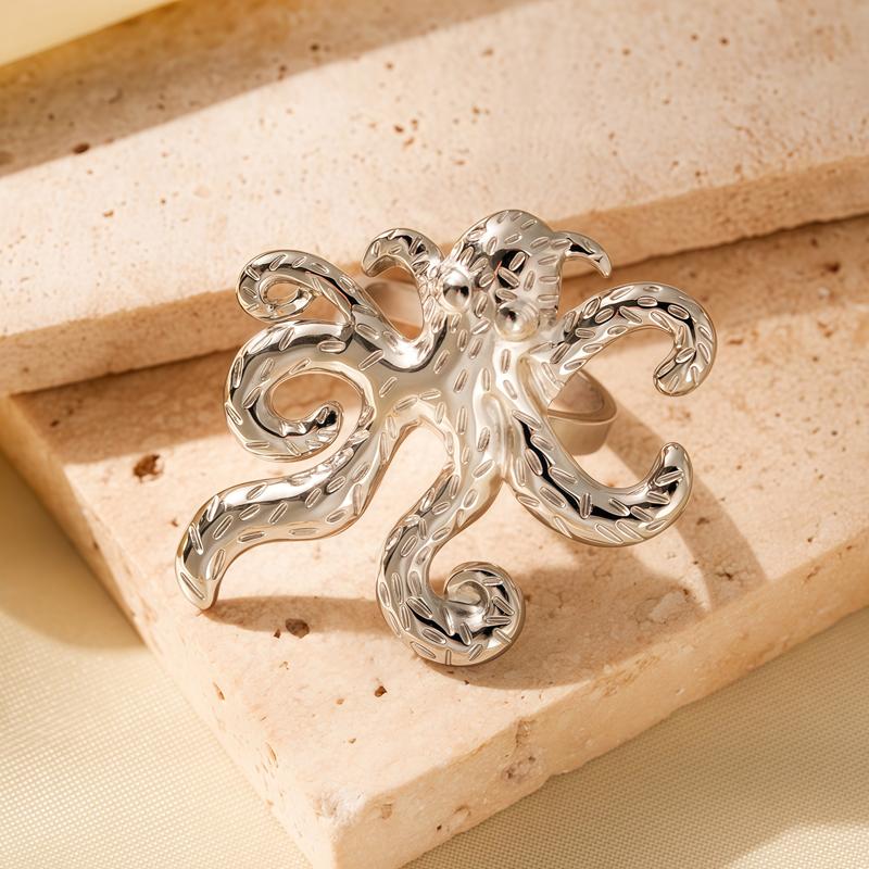 

2026 New Trendy Stainless Steel Octopus Open Rings for Women Personality Ocean Octopus Non Fading Adjustable Ring Chic Zircon медный