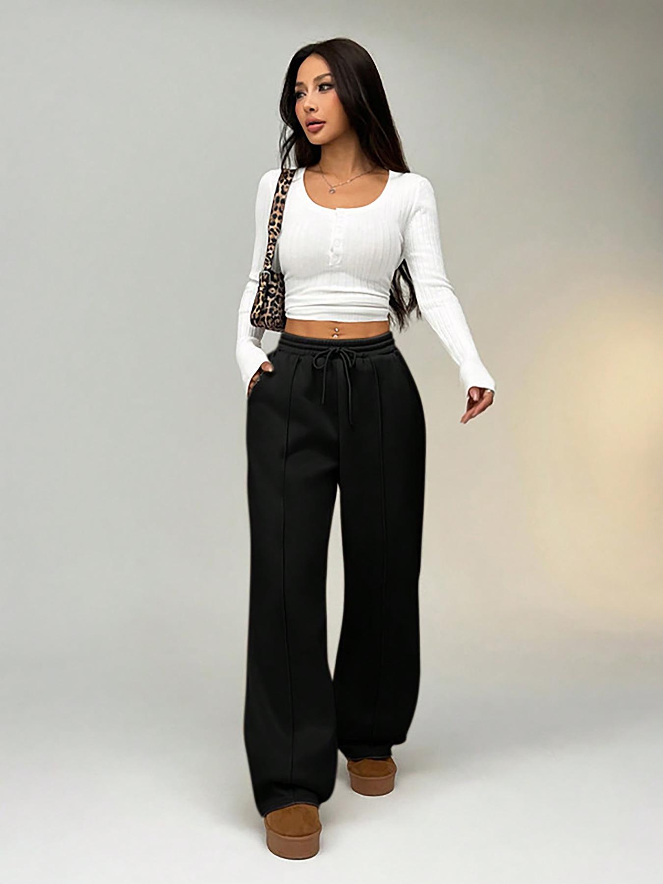 

2026 Autumn-Winter Plus Size Women’s Solid Color Low-Waist Wide-Leg Pants 2XL чорний