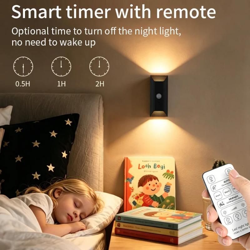 Rechargeable Motion Sensor Wall Light Magnetic LED Night Lamp with Remote 3 Color Dimmable 2000mAh for Stair Bedroom Hallway