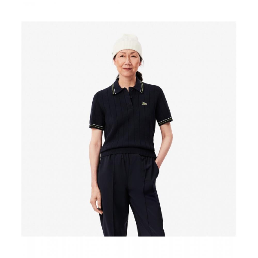 

LacoSte Women S Color Tipping Short Sleeve Polo Sweater [navy] 034