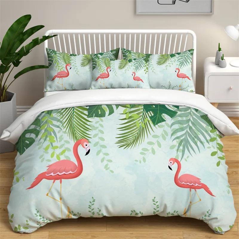 Flamingo Duvet Cover Palm Leaves Comforter Cover for Girls Boys Teens Cute Animal Tropical Botanical Bedding Set Twin King Size