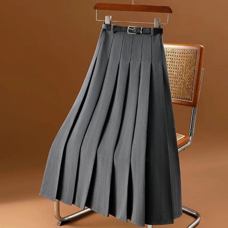 Women s High Waisted Pleated A-Line Midi Skirt With Belt S серый