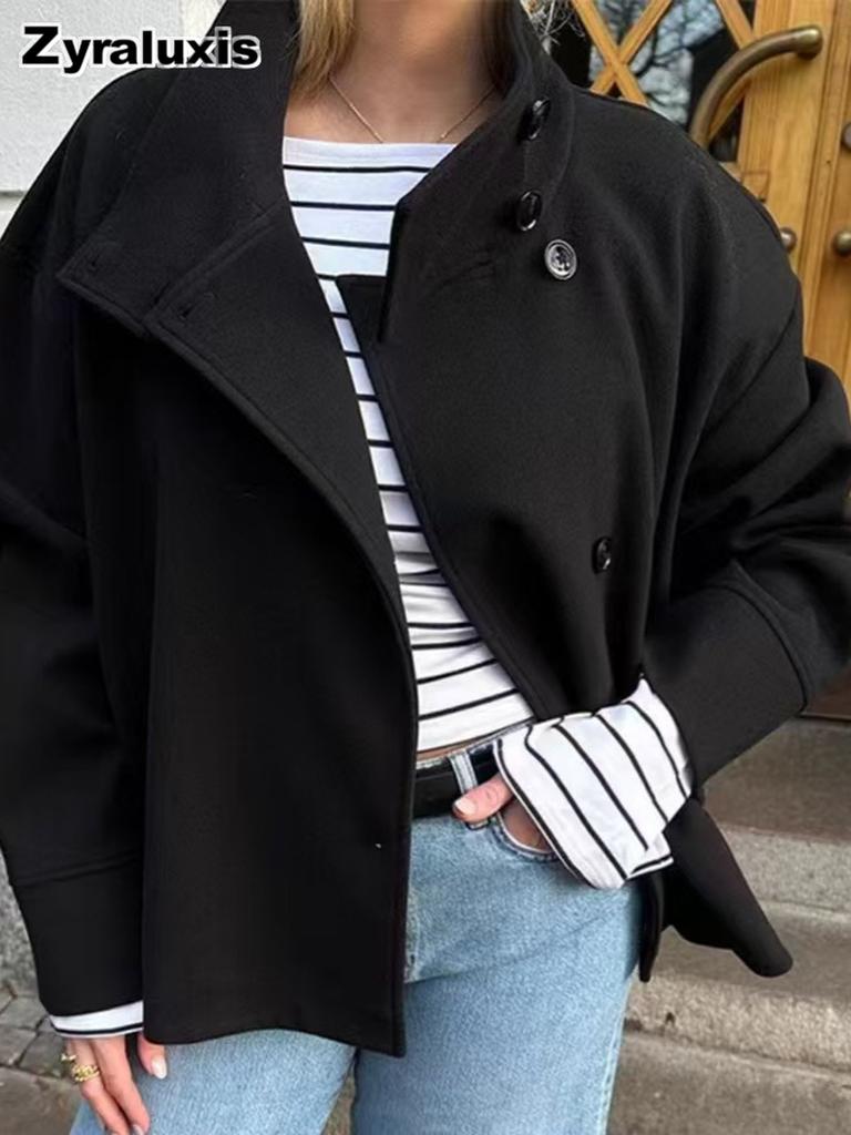 Autumn Winter New Women's Coats Elegant Graceful Stand Collar Button Long Sleeve Wool Blend Coat