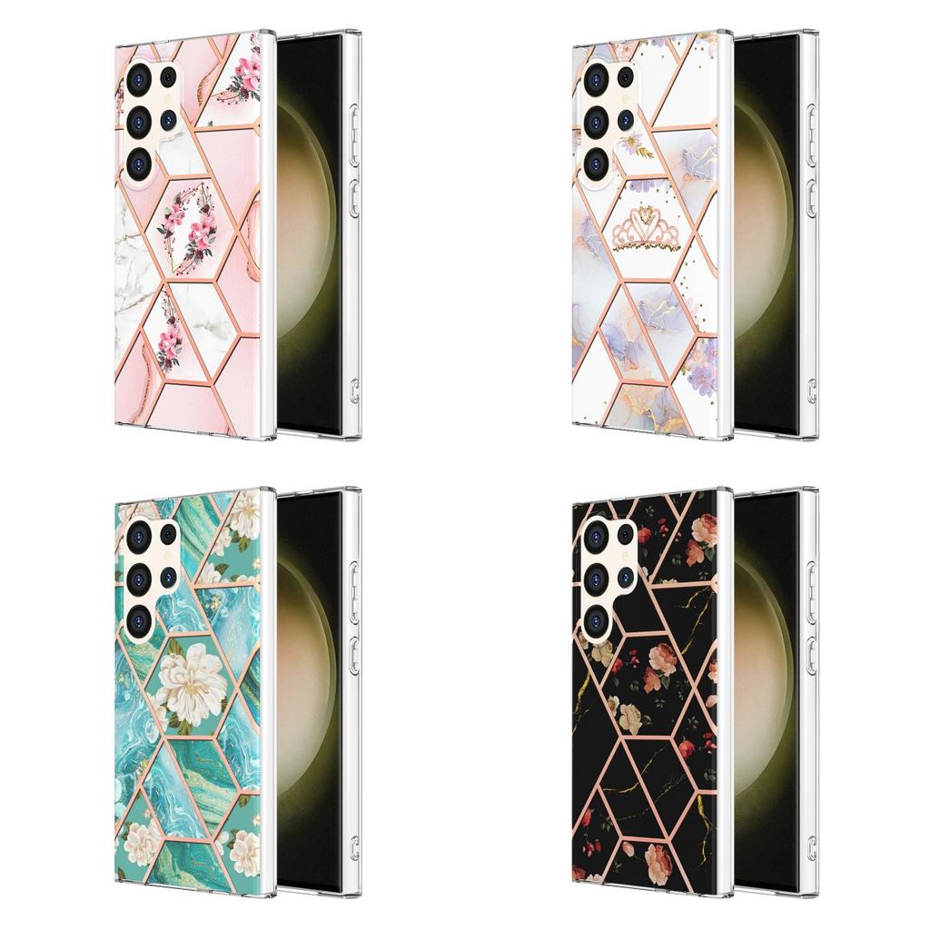 Zlatý okraj Mřížka Mramorový Květ IMD Ultratenký Kryt na Telefon pro Samsung Galaxy S20,S21,S22,S23,S24,A11,A12,A13,A14,A23,A34,A54,A53,A73,A33,A01,A02...