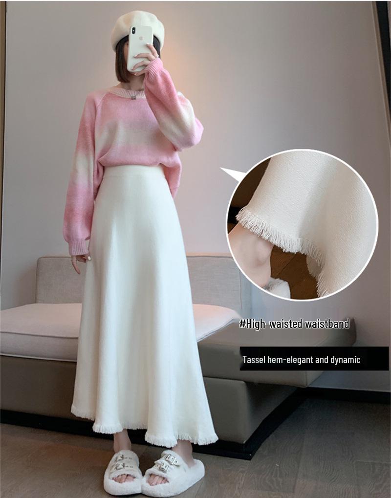 KANING Damen Quasten Wollstrick High Waist Midi Rock - Schlankmachend Unifarben für Herbst/Winter
