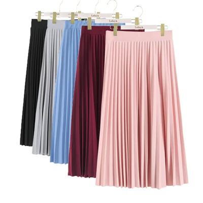 Jarní a podzimní móda Dámská plisovaná jednobarevná s vysokým pasem Elastická sukně v poloviční délce Akce Lady Black Pink